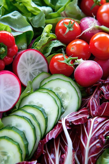 Foto ingrediënten voor verse groentensalade met sla, radijs, komkommer en tomaten