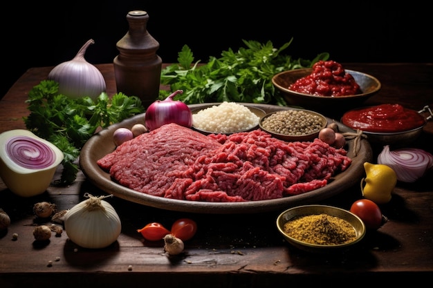 Ingredients arranged minced meat sauce spices