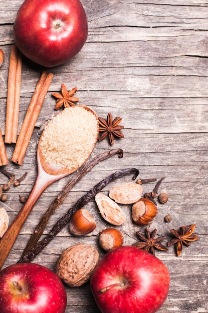 Ingredients for baking apple pie - nuts and spices