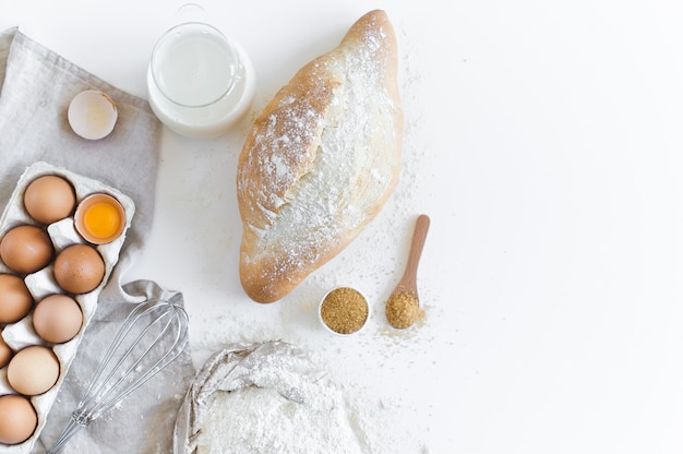 Ingredients for baking homemade bread. Eggs, milk, flour. 