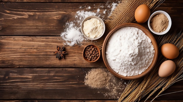 Ingredients for baking on a wooden background top view