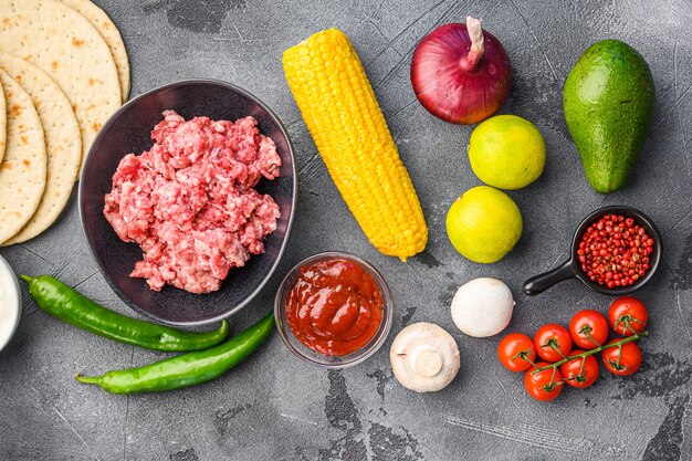 Ingredients for beef meat Mexican tacos top view