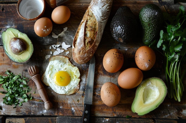 Ingredients for breakfast Eggs bread avocado Generative AI