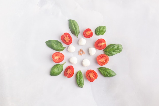 Foto ingredienti per l'insalata caprese a forma di cerchio pomodori basilico sale mozzarella foto di alta qualità