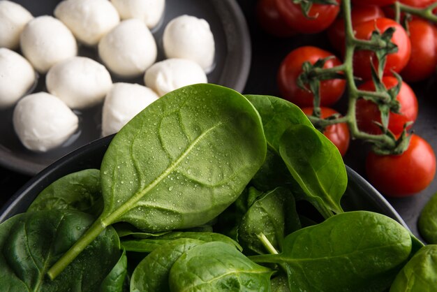 Ingredients for Caprese Salad with mozzarella, tomatoes cherry and baby spinach.