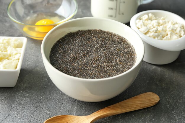 Ingredients for chia seed pudding on table