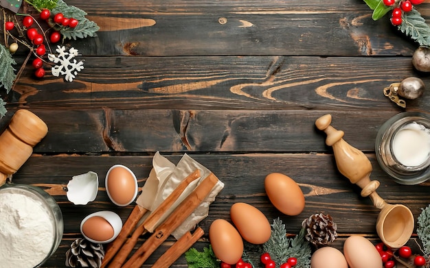 Ingredients for Christmas baking on a wooden background with place for text