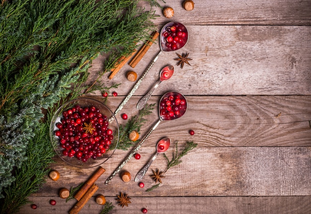 Ingredients for Christmas, winter baking cookies. Gingerbread, fruitcake, seasonal drinks. Cranberries, dried oranges, cinnamon, spices on a wooden table, copy space top view.