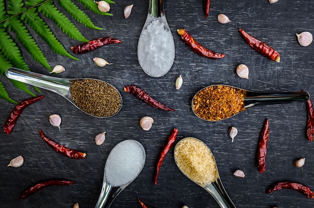 Photo ingredients and condiment on the table