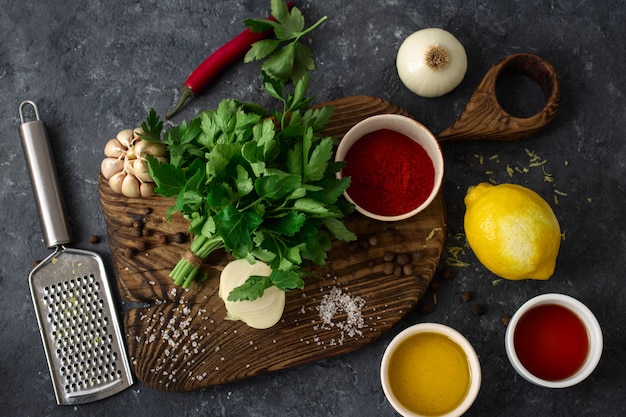 Ingredients for cooking Argentinian green Chimichurri or Chimmichurri salsa