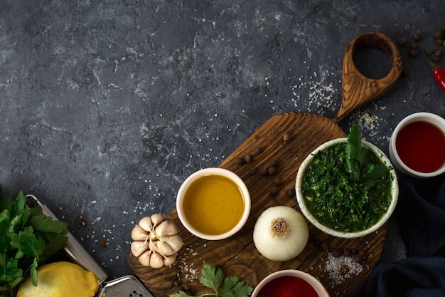 Photo ingredients for cooking argentinian green chimichurri sauce