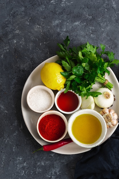 Ingredients for cooking Argentinian green Chimichurri sauce