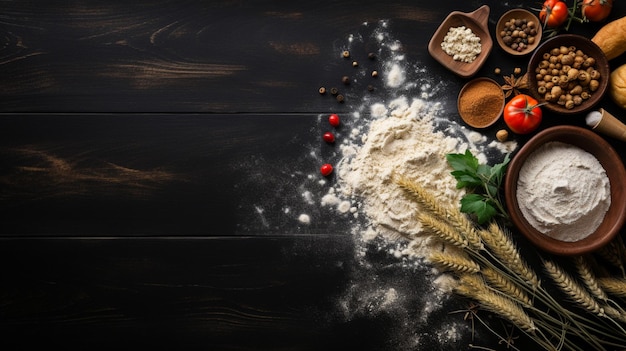 Ingredients for cooking bread or cookies oat bran flour eggs spices on rustic wooden background Healthy food concept Food background Top view with copy space for text High quality photo