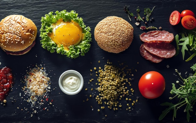 Ingredients for cooking burgers Delicious hamburger ingredients Meat eggs bacon fresh vegetables