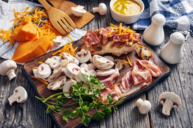 Ingredients for cooking chicken breasts with sauteed mushrooms, crispy bacon,  melted cheese and honey mustard dipping sauce