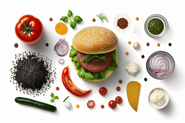 Photo ingredients for cooking a fast food meat burger on a white isolated background ai