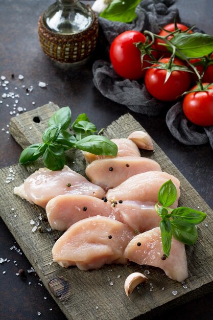 Ingredienti per cucinare la carne di pollo fresca su un tagliere e pomodori all'aglio