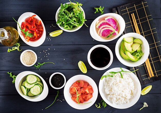 Ingredients for cooking Hawaiian salmon fish poke bowl 