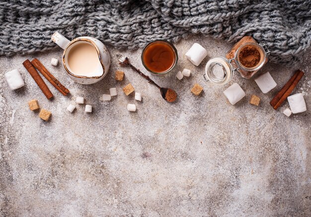 Ingredients for cooking hot chocolate or cocoa 