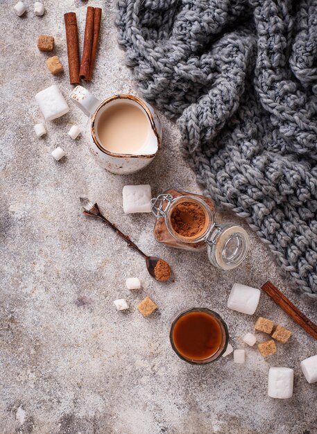 Ingredients for cooking hot chocolate or cocoa 