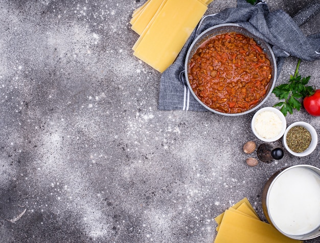 Ingredients for cooking lasagna Bolognese