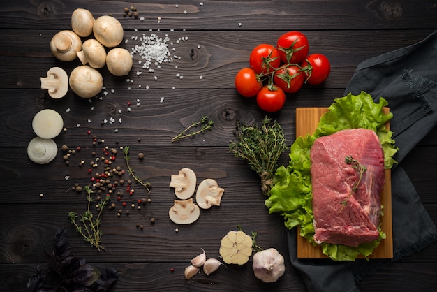 Ingredients for cooking meat, the top view