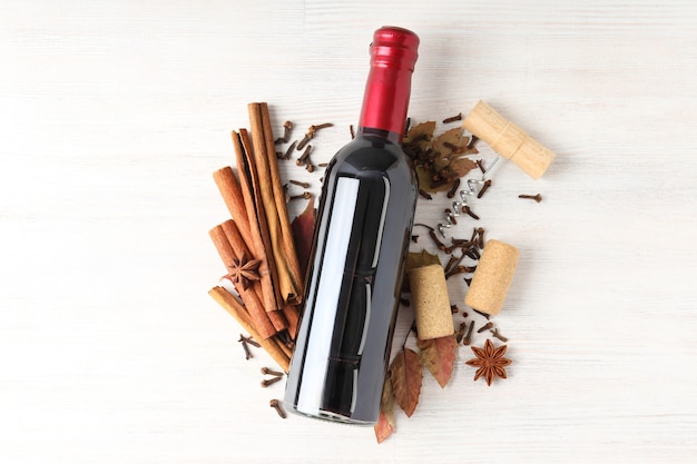 Ingredients for cooking mulled wine on white wooden background