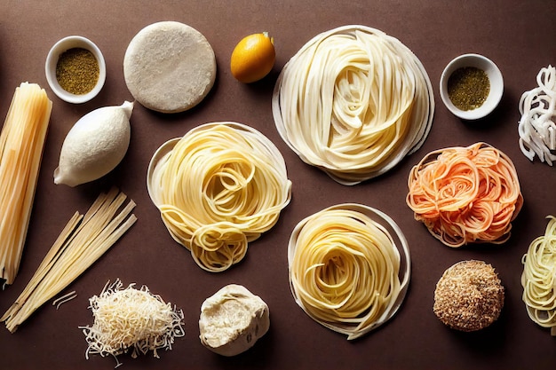 Ingredients cooking and serving dishes with homemade pasta