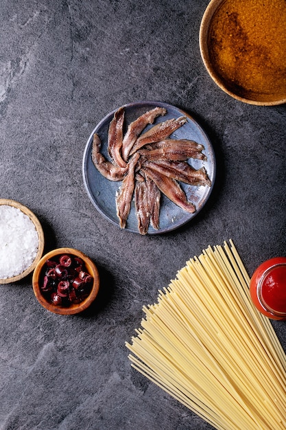 Ingredients for cooking spaghetti anchovy pasta