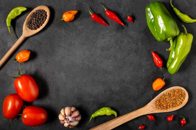 Ingredients for cooking with tomatoes, various peppers, garlic and green peppers.