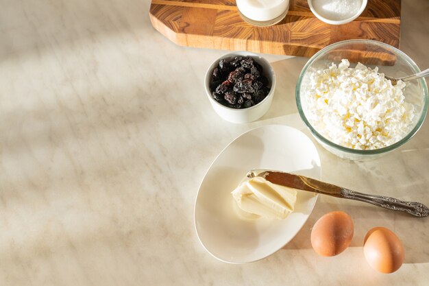 Ingredients for curd pudding on the kitchen table