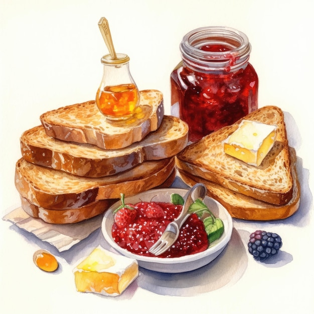 Ingredients for delicious toasts with jam Generative AI