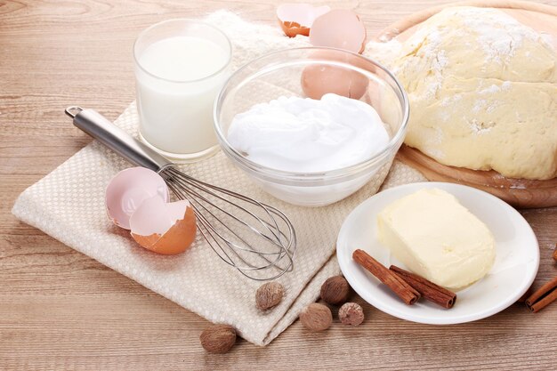 Ingredients for the dough wooden table