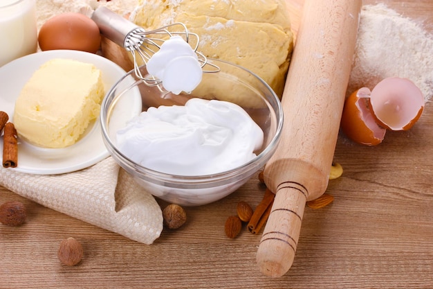 Ingredients for the dough wooden table