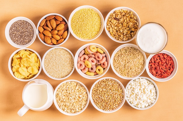 Ingredients for healthy breakfast in bowls