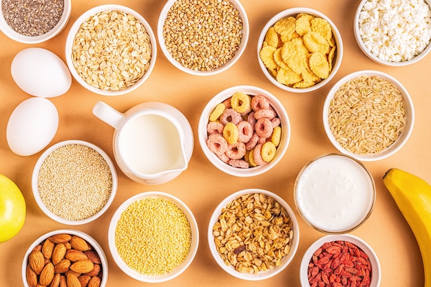 Ingredients for healthy breakfast in bowls