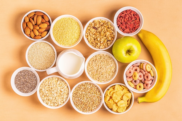 Ingredients for healthy breakfast in bowls