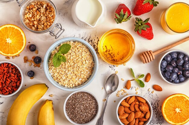 Ingredients for a healthy breakfast top view