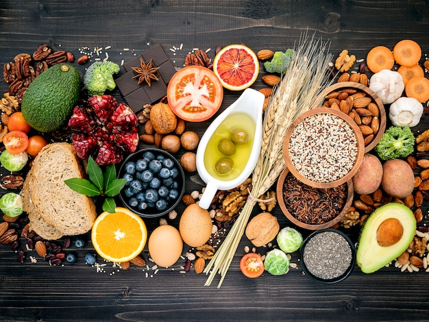 Photo ingredients for healthy food on wooden table