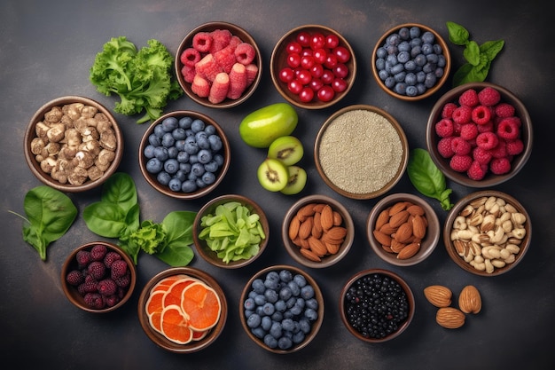 Ингредиенты для выбора здоровых продуктов Концепция здорового питания, установленная на деревянном фоне