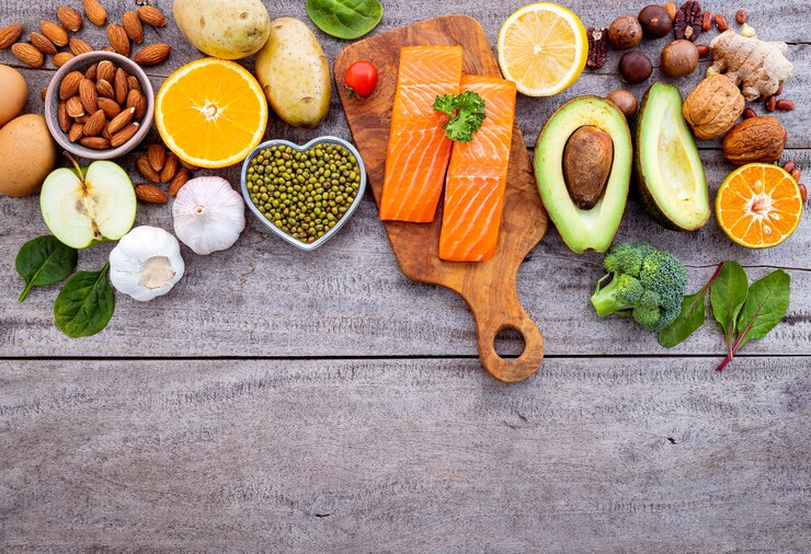 Ingredients for the healthy foods selection on white background.