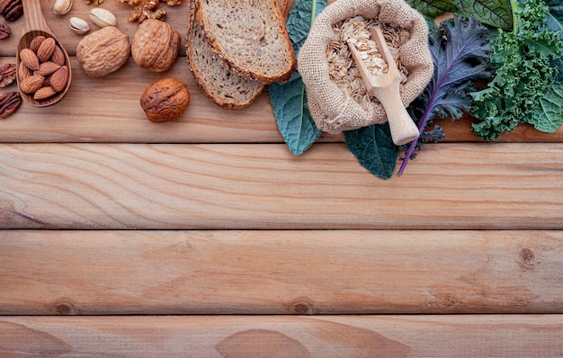 Ingredients for the healthy foods set up on shabby wooden