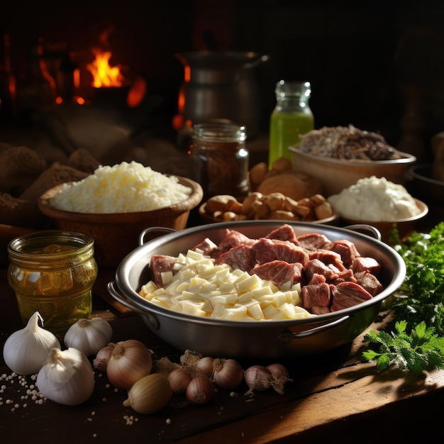 Ingredients for Hearty Meat Soup Fresh Meat in Kitchen Scene