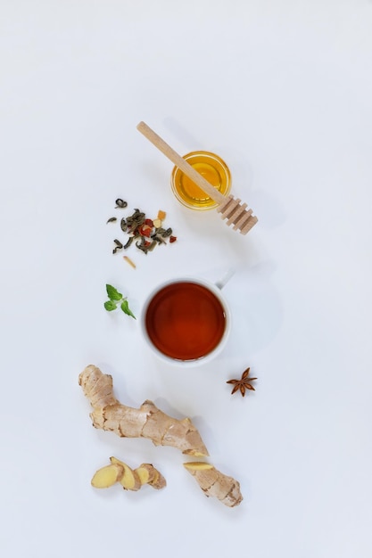 Ingredients for herbal ginger tea with honey star anise and anise Healthy food detox concept