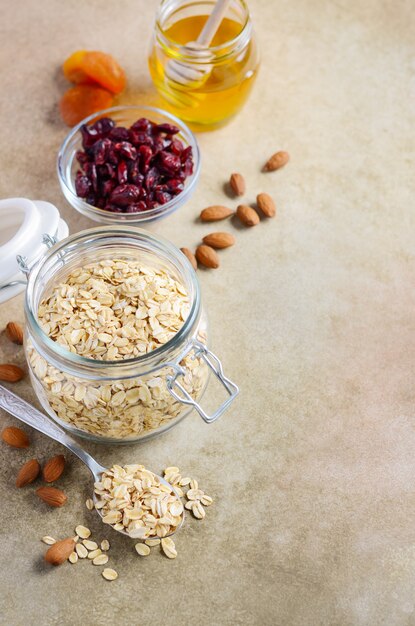 Ingredients for homemade oatmeal granola. 