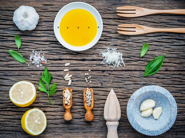 The ingredients for homemade pesto sauce. 