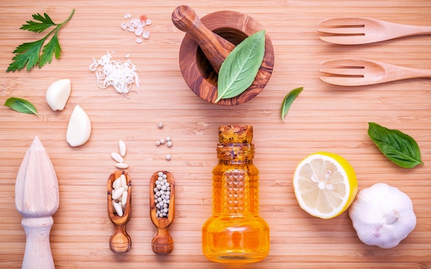 The ingredients for homemade pesto sauce. 