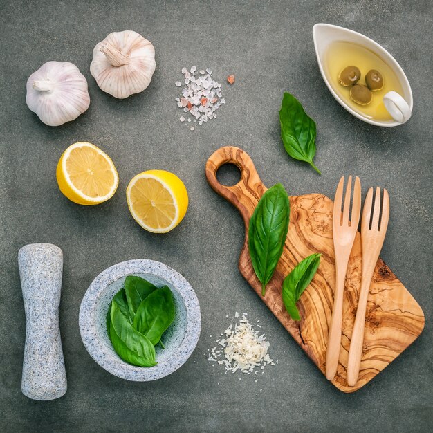 The ingredients for homemade pesto sauce .