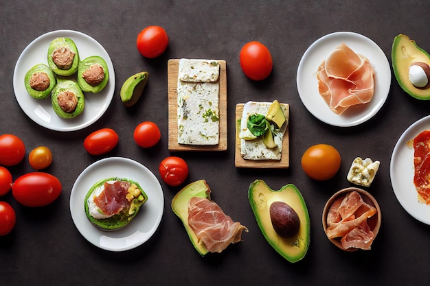 Ingredients for italian food bruschetta antipasto with avocado and tomatoes