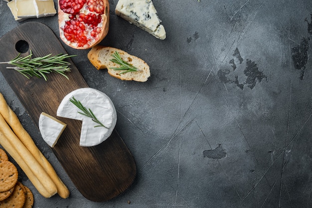 Ingredients for Italian  food, meat cheede, herbs set, on gray, flat lay  